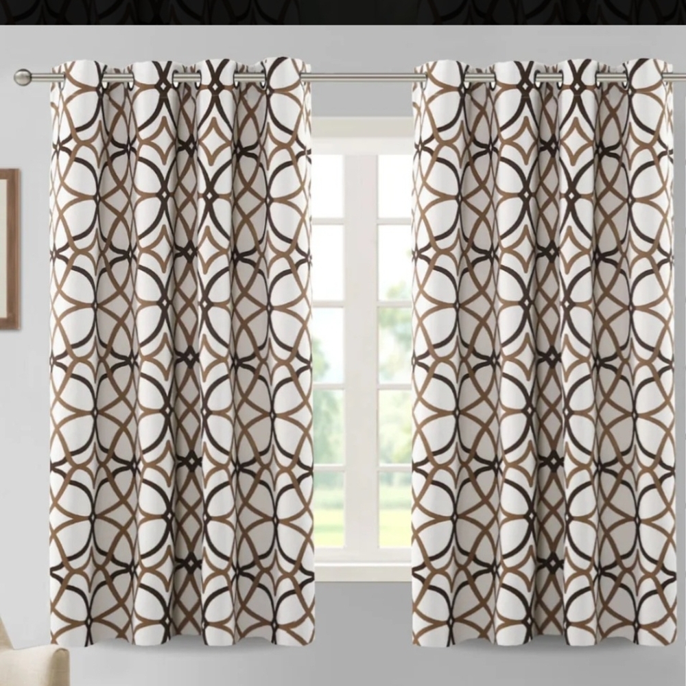 Geometric Brown and White Window Curtain Panels